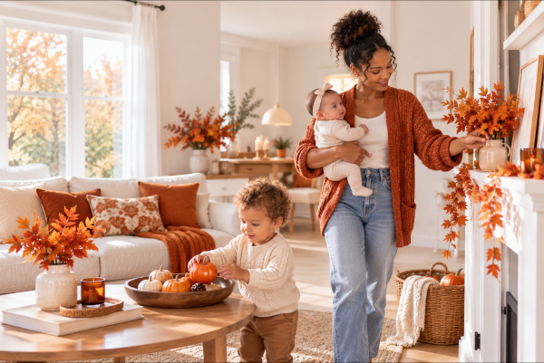 Cozy Autumn Family Decorating Scene