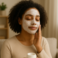 An African American woman relaxing at home in a cozy robe, enjoying a quiet self-care moment with candles and skincare products in a softly lit, minimalist setting.