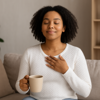 An African American mother sitting on her bed, holding her newborn close with a soft smile, surrounded by warm natural light and neutral-toned bedding, symbolizing comfort and new beginnings.